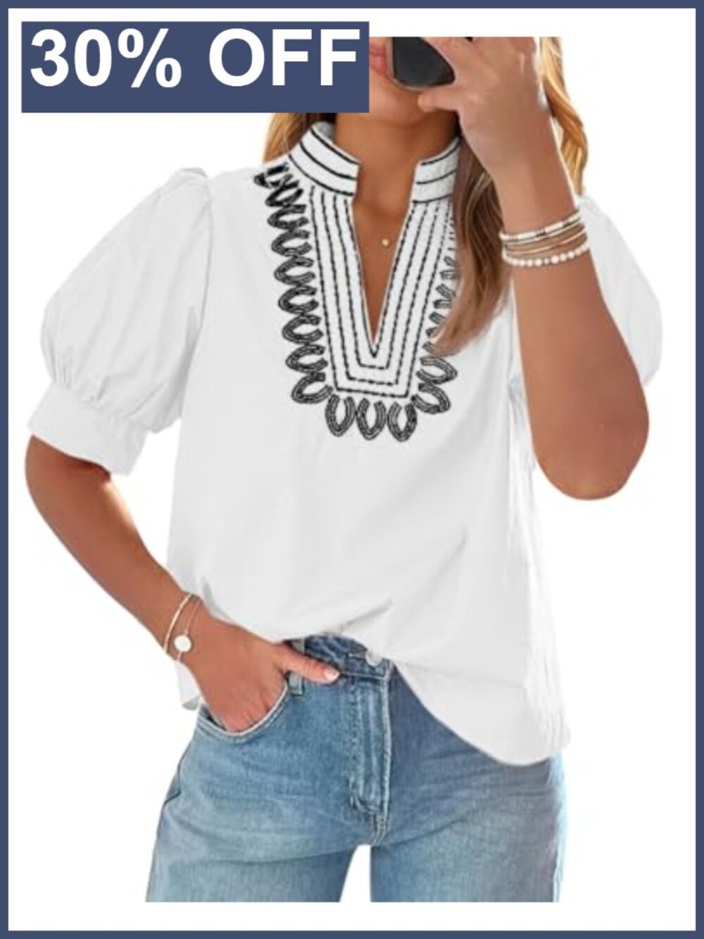 Women's Embroidered Puff Sleeve Blouse V-Neck Summ
